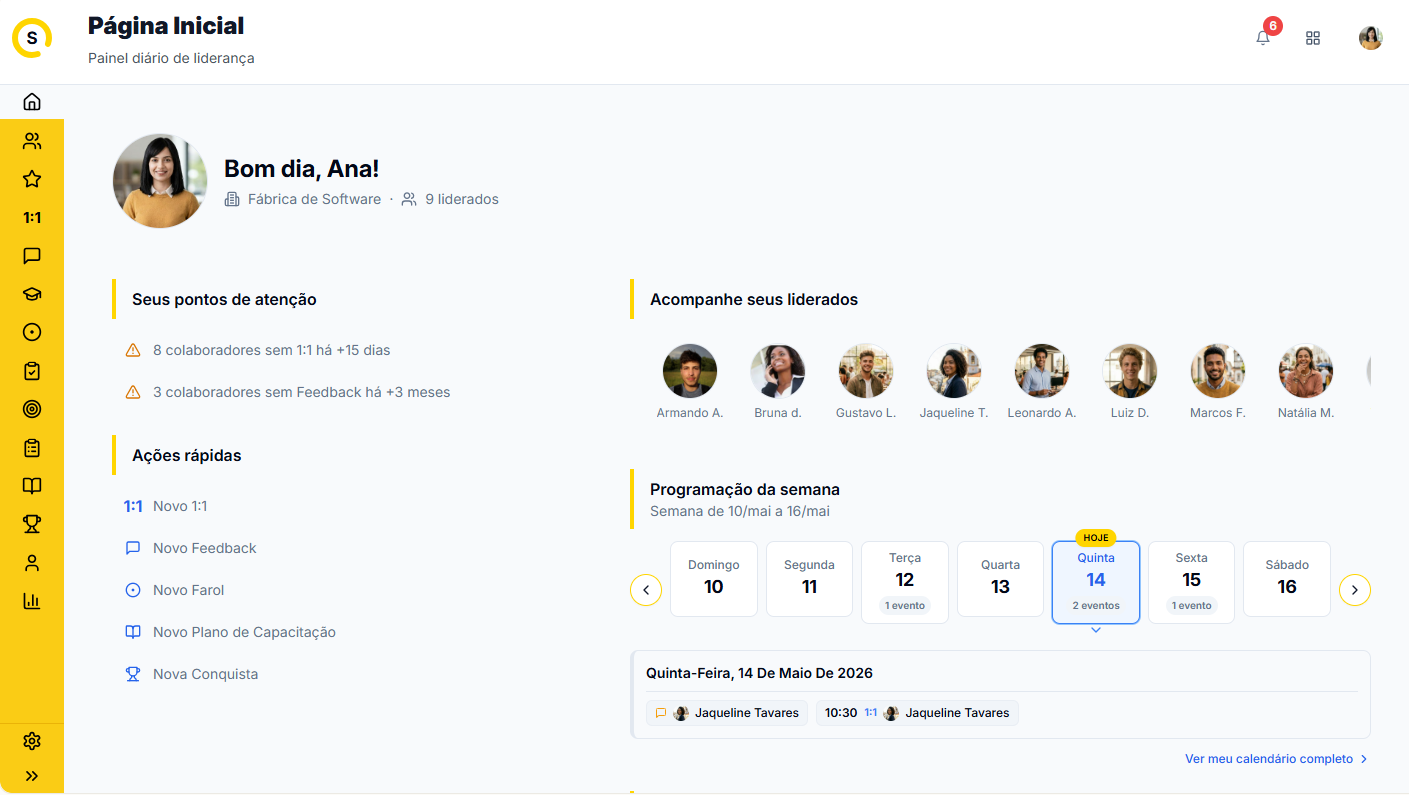 Preview do dashboard da Skill 360º com visão da página inicial para líderes